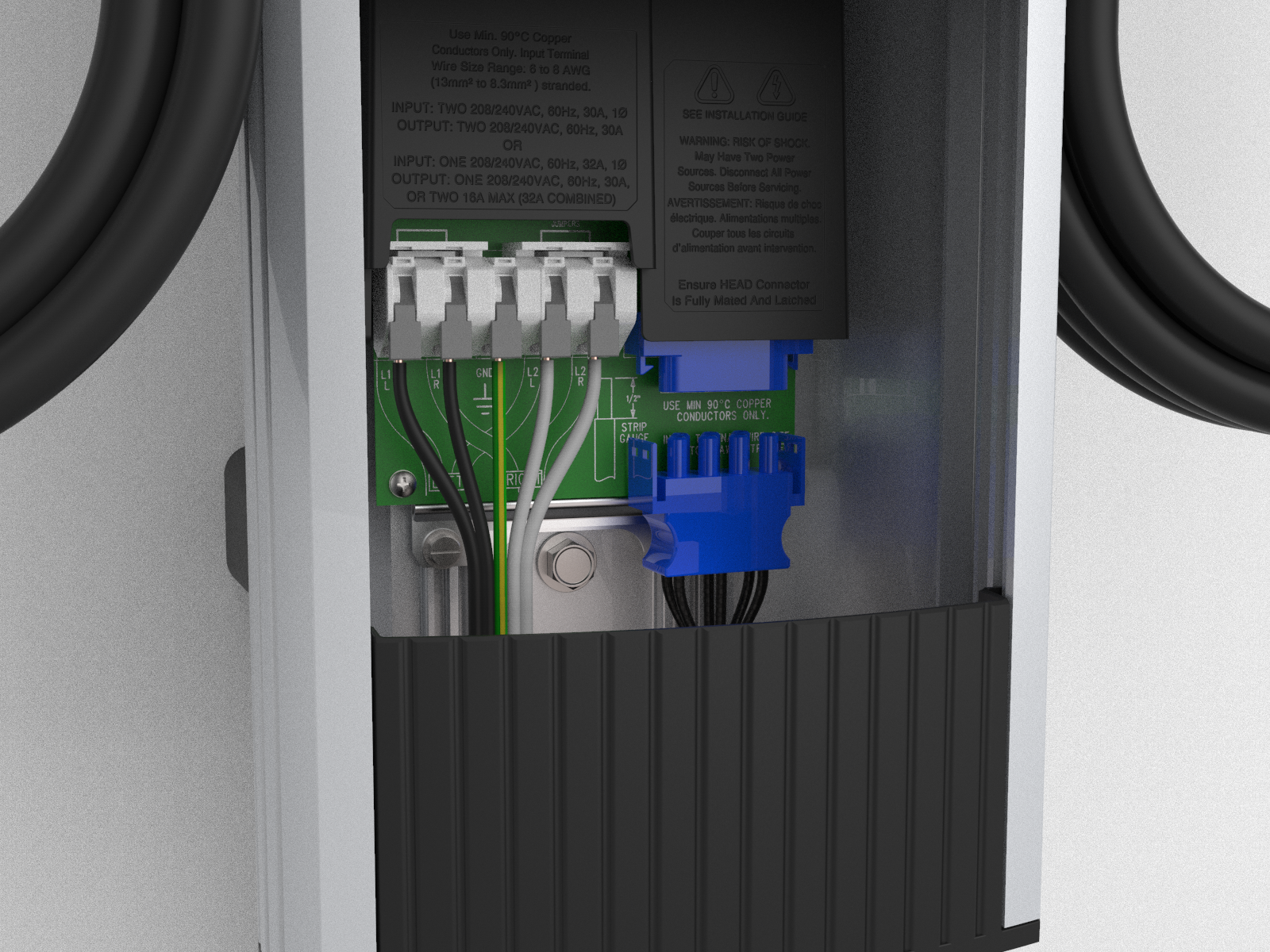 Connect the blue connector to the blue terminal block while ensuring it clicks into place and is fully seated