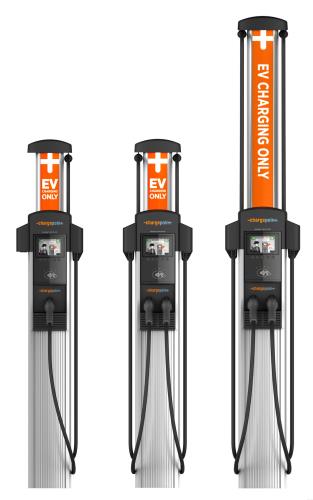 Charging station variants having orange, white, black, and grey color.