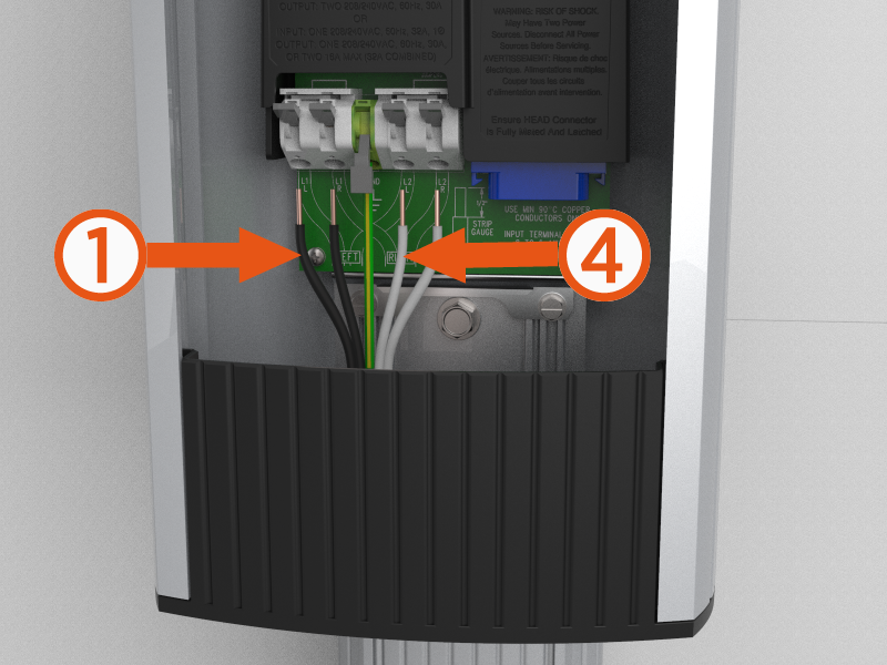 The hot leads from the other 240 V or 40 A Double Pole breaker should be connected to the first and fourth position which is the left side of each outer pair
