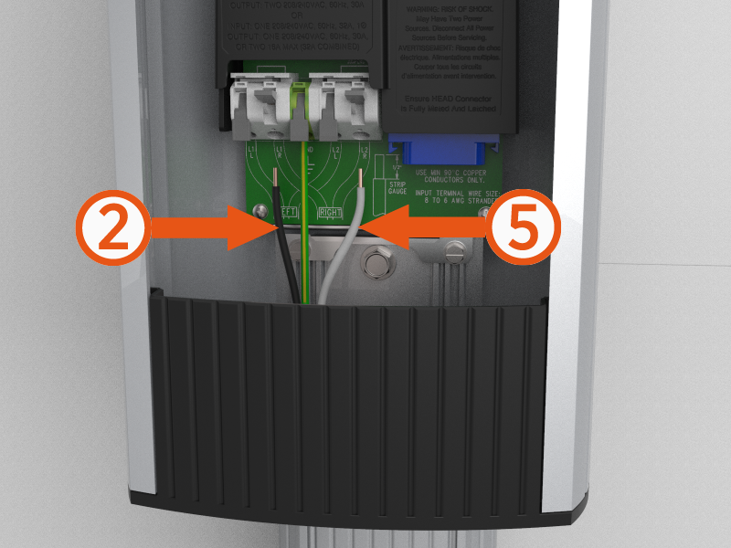 The hot wires from a single 240 V or 40 A Double Pole breaker should be connected to the second and fifth position which is the the right side of each outer pair