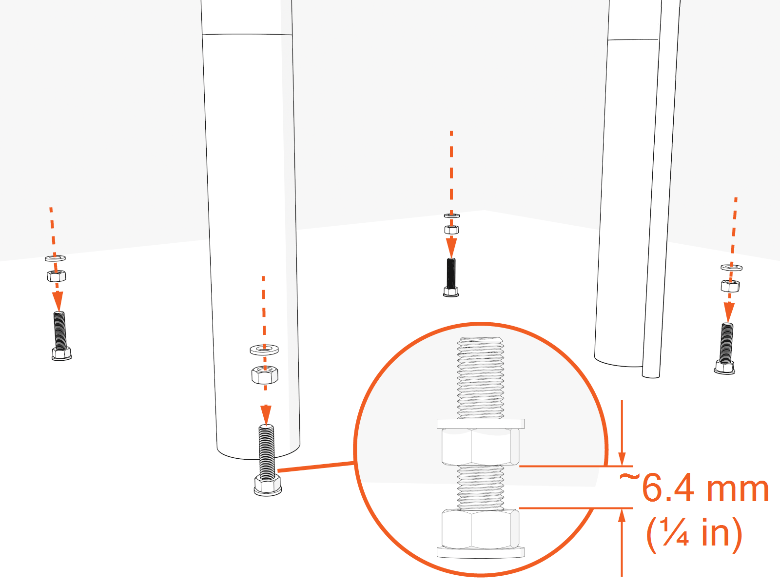 Install washers and levelling nuts.