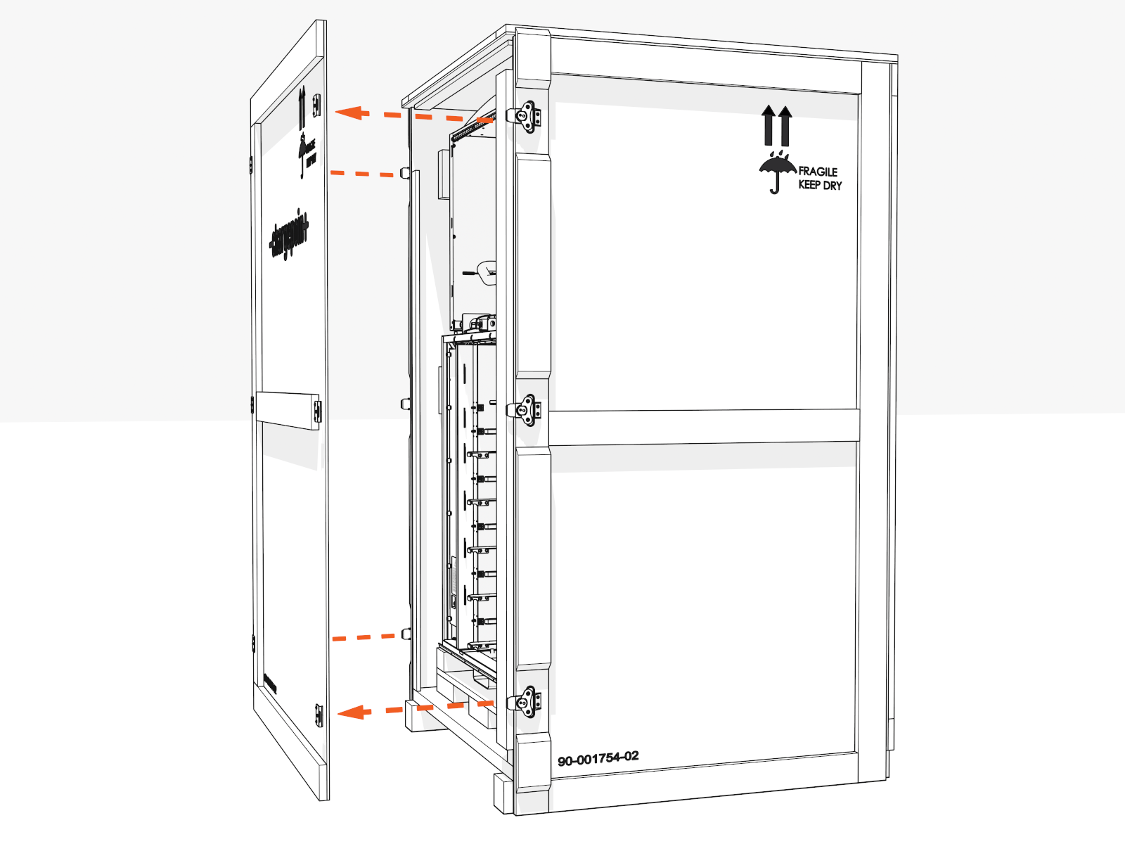 Unfasten and lift off the crate front.