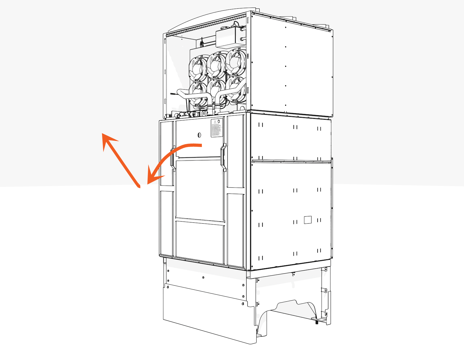 Hold and tilt out the top of the door. Lift up and off.