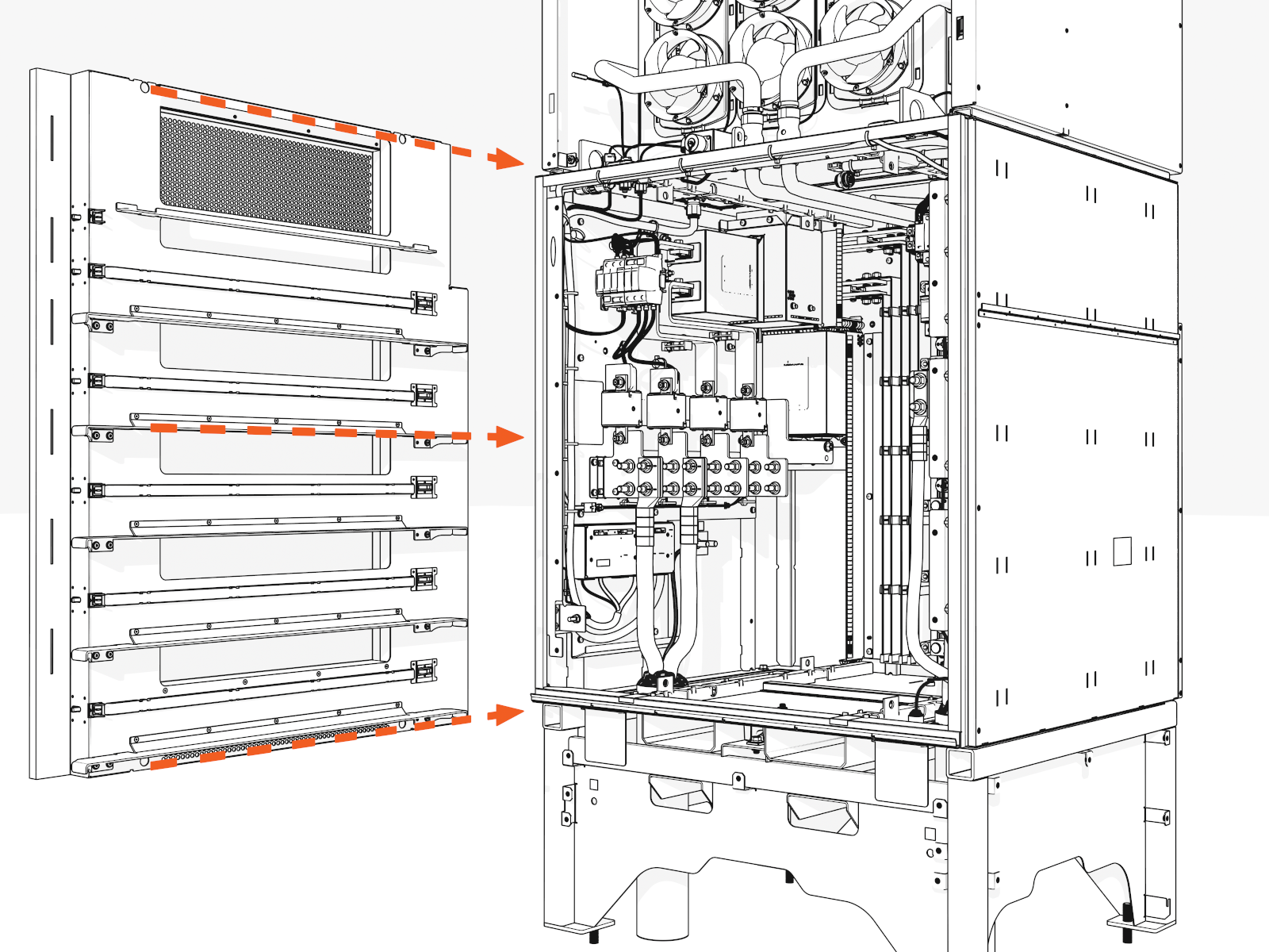 Align each rack vertically along the guide rails. Slide into the lower cabinet.