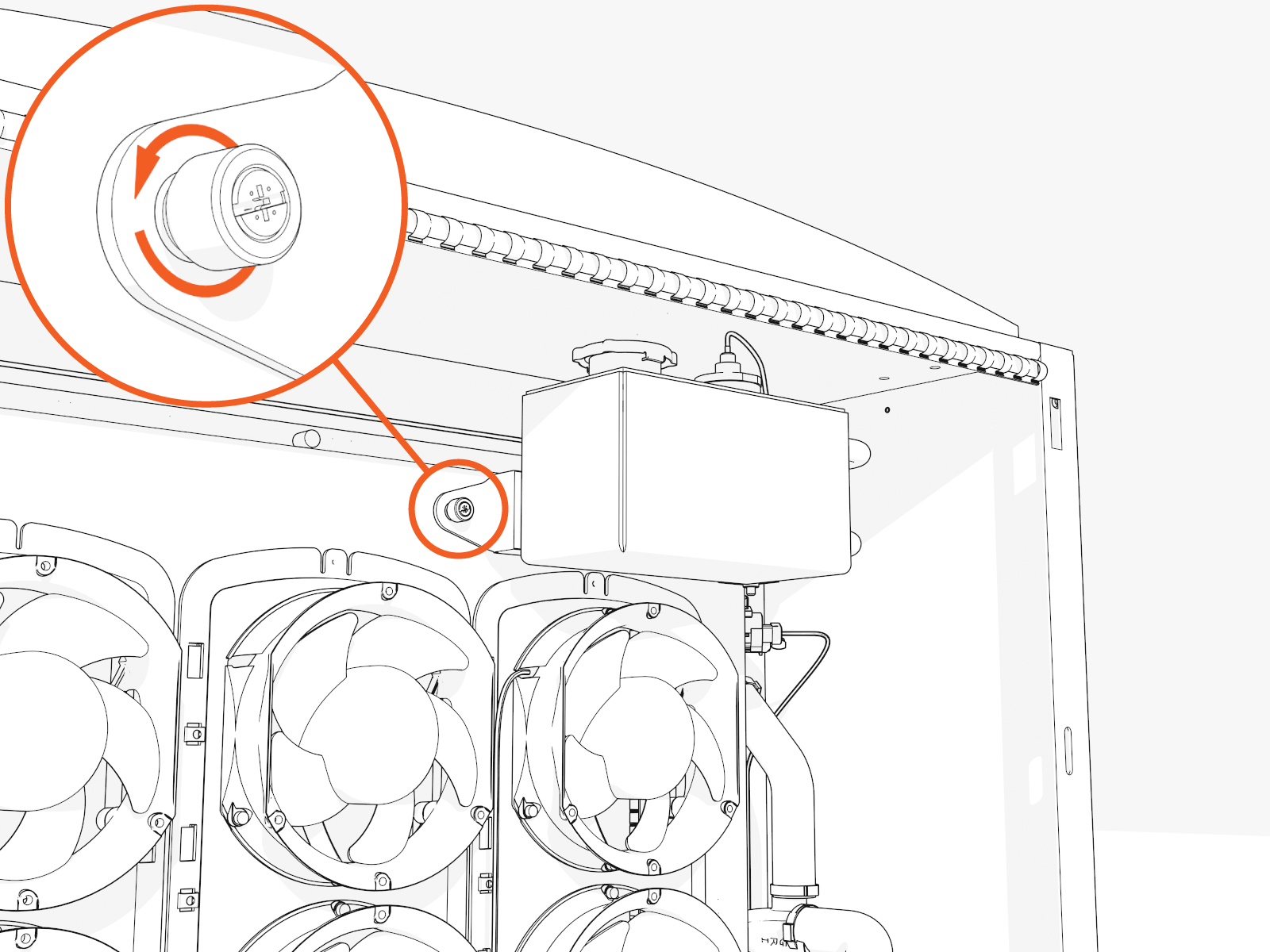 Open the coolant reservoir to release pressure. Loosen the captive screw.