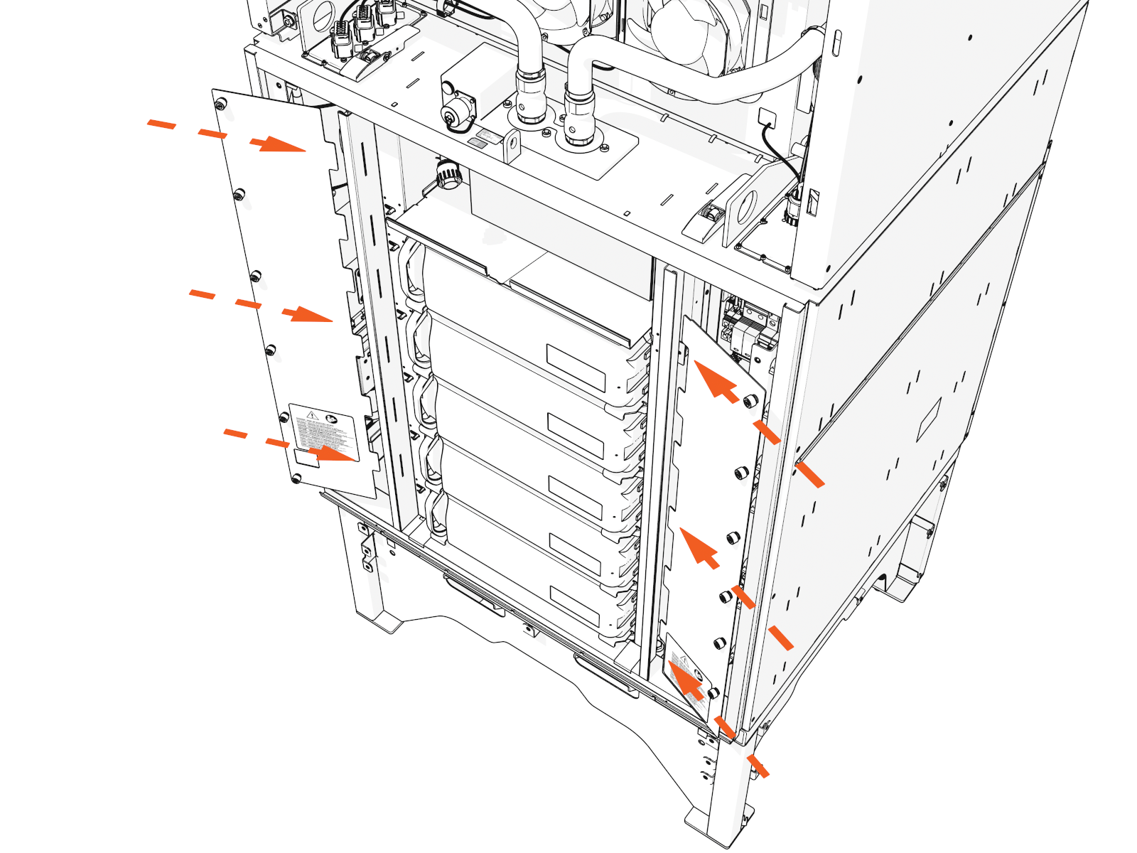 Align the tabs on the transparent panel with the slots in the racks. Insert the tabs into the slots.