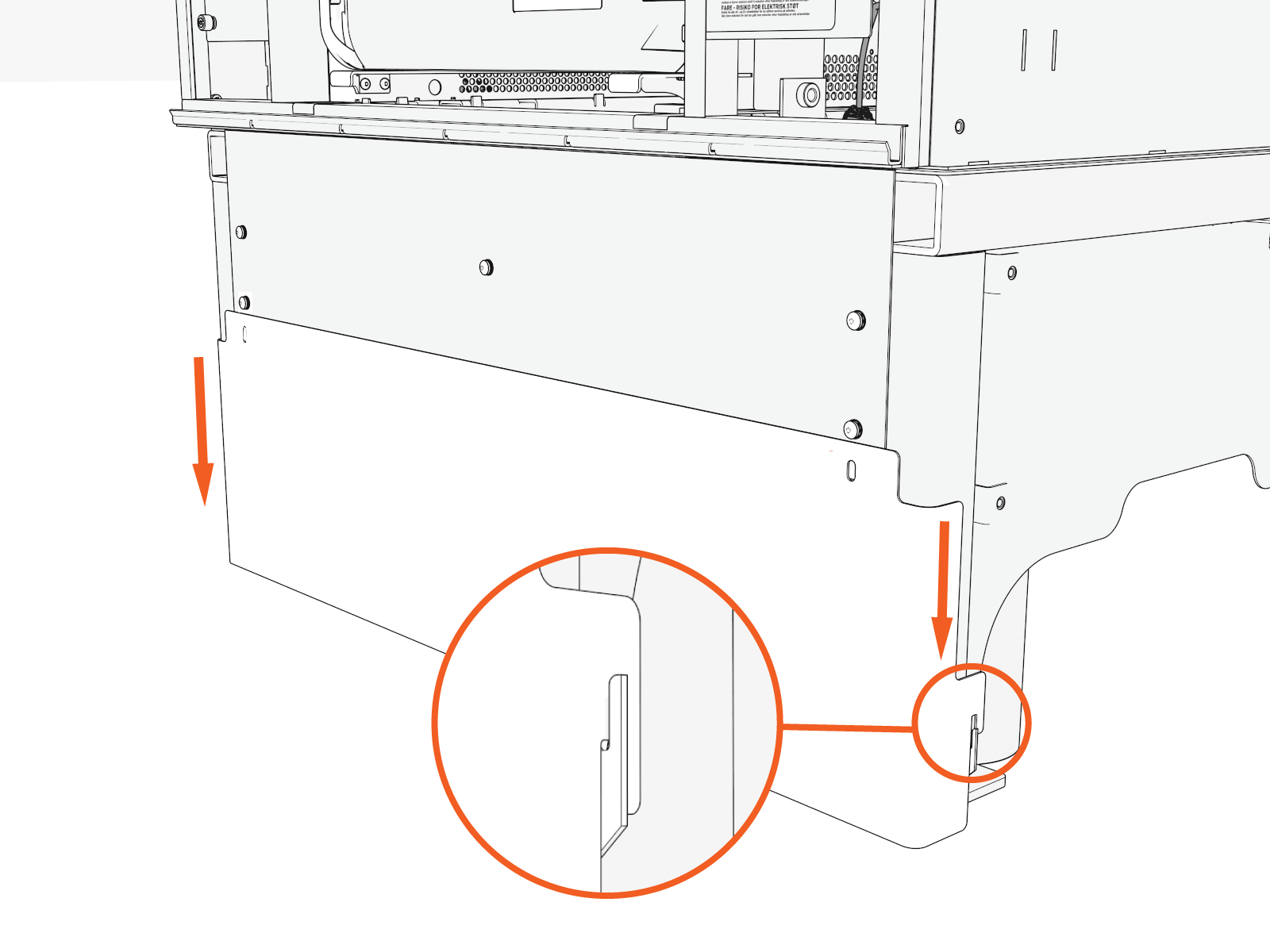Notice the hooks near the bottom inside of the lower covers. Align the hooks. Slide each lower cover down onto the pedestal. Ensure that the two hooks left and right engage at the bottom.