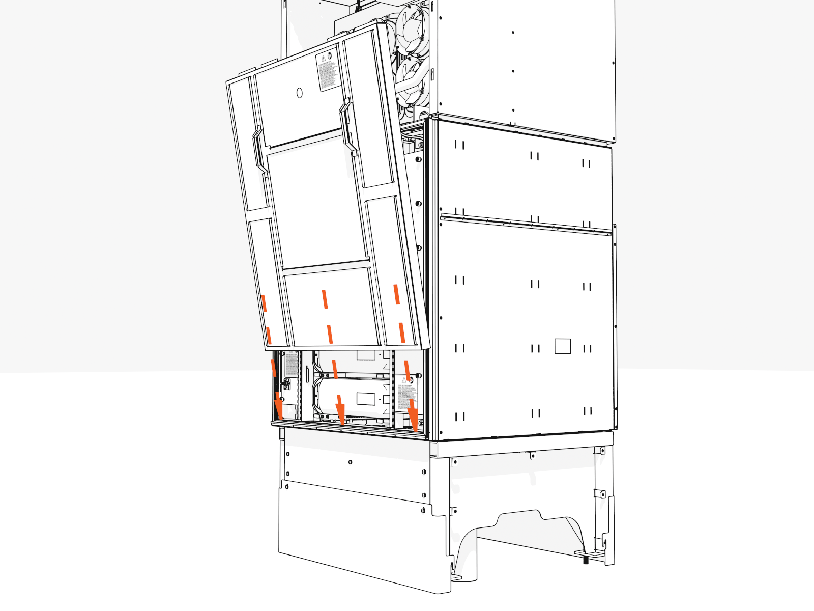 Hook the bottom of the door onto the lip of the cabinet.