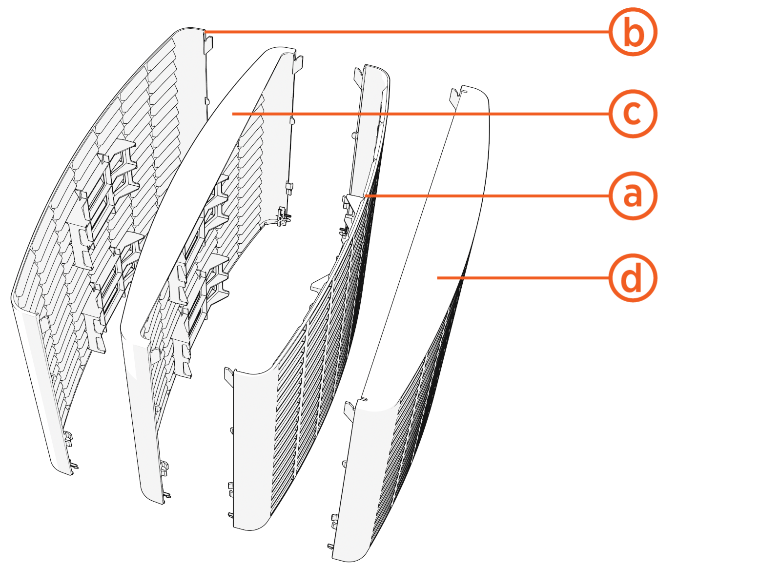 Upper, Middle. Lower Front, Lower Rear Covers with the Lower Rear Cover's notch on bottom right