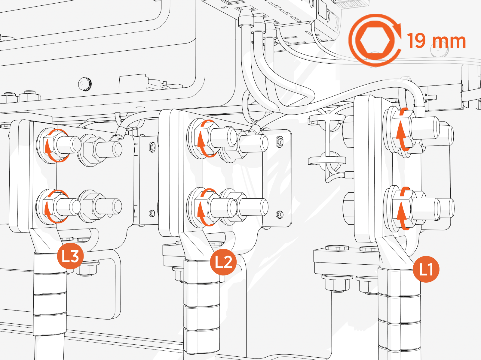 Install the L1, L2, and L3 lugs onto each bus bar with M12 bolts.