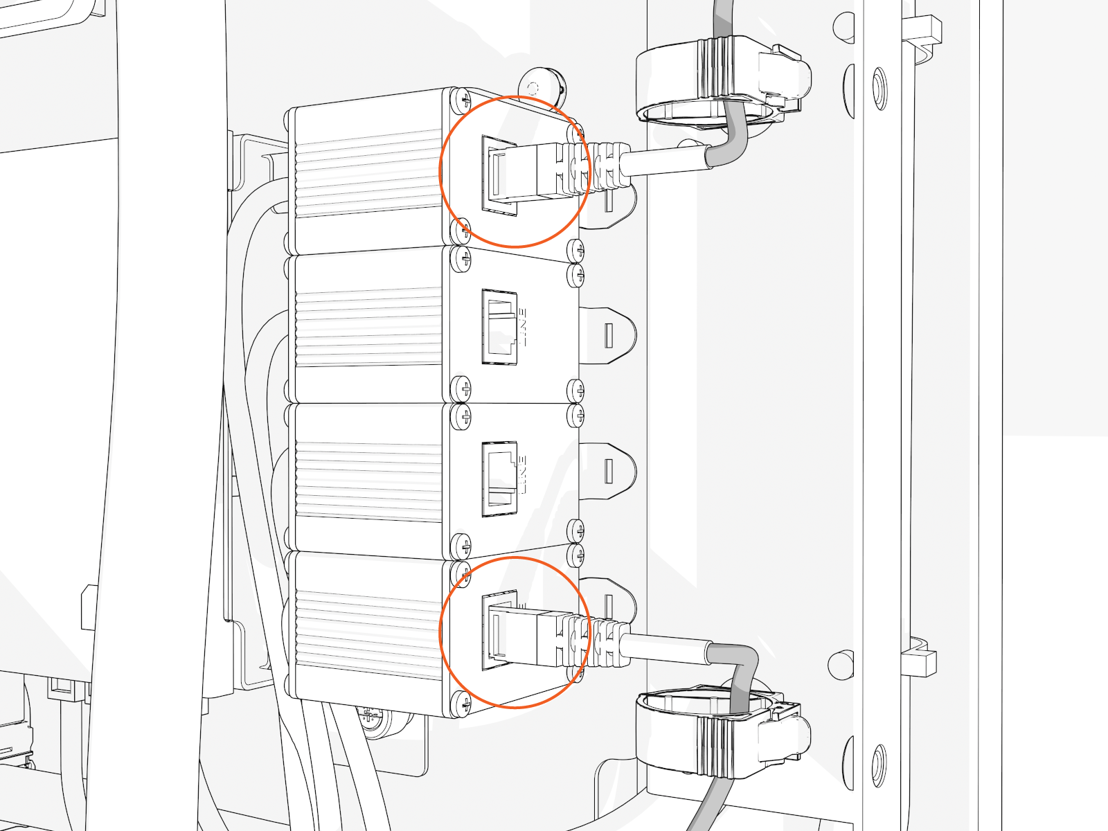 Connect each Ethernet connector to an available port (at lower right). Push-pull to test. The ports are interchangeable