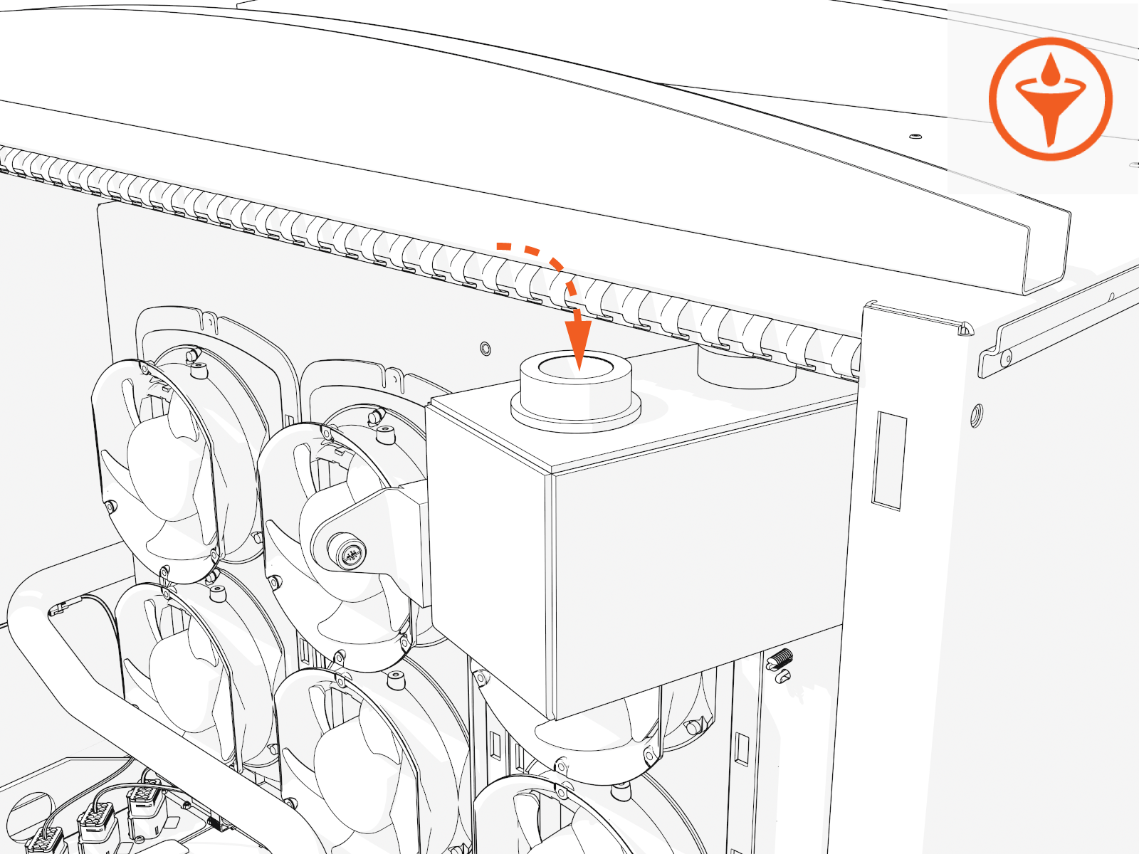 Pour in new coolant. Fill to the bottom of the neck or to the maximum level indicated on the reservoir.