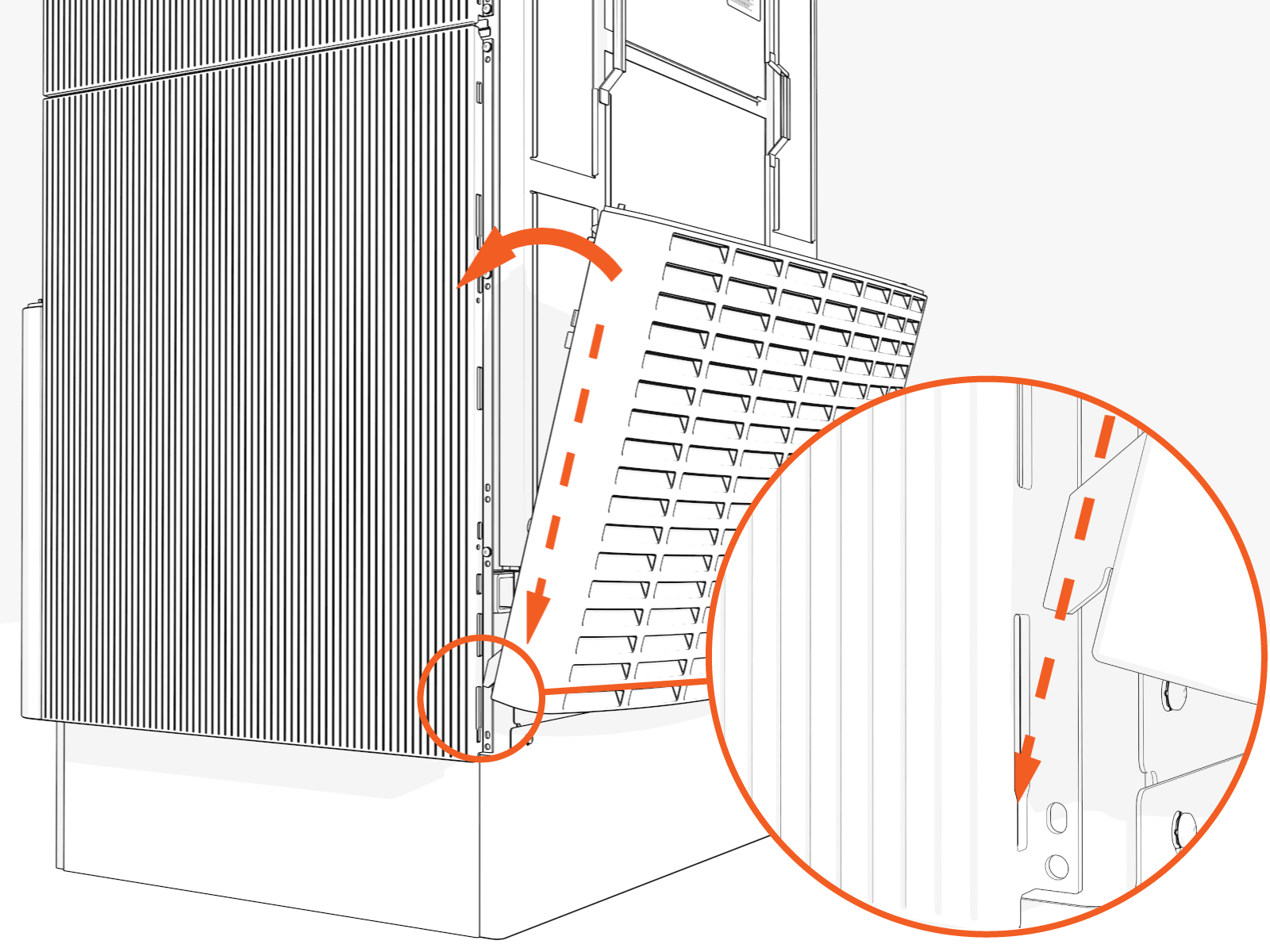 Align the four hooks at the bottom, then the top corners. Shift the cover into position.