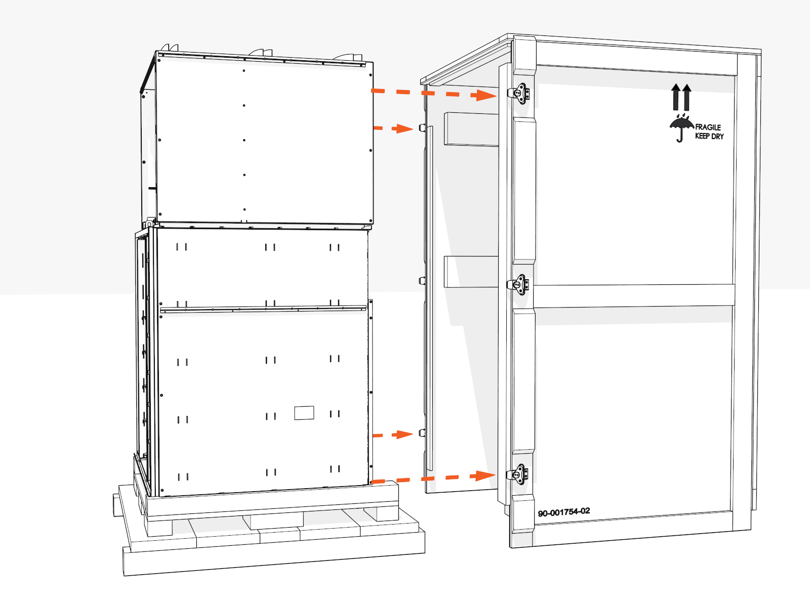 Slide off the top, sides, and back of the crate.