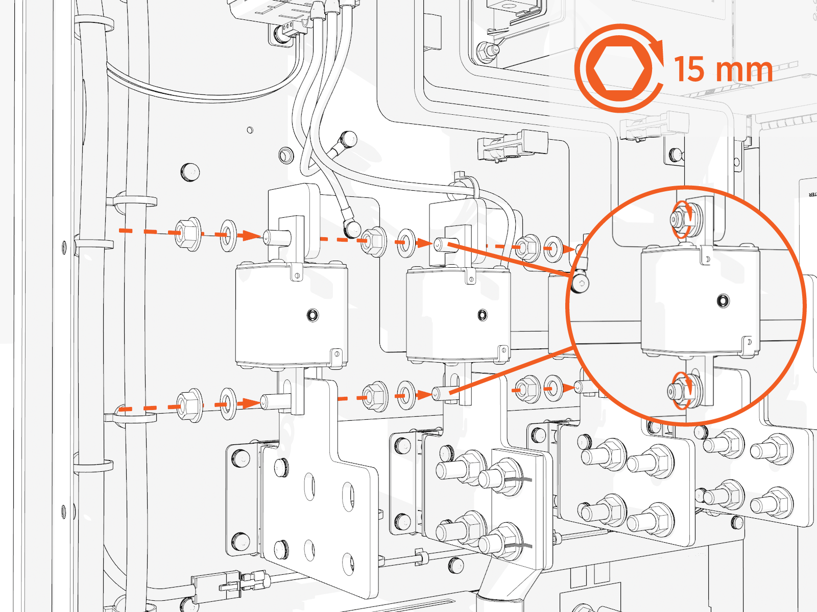 Install all DC fuses (regardless of number of lugs used) between the landing bus bar and the DC bus bar. Torque to 19 Nm or 168 in-lb.
