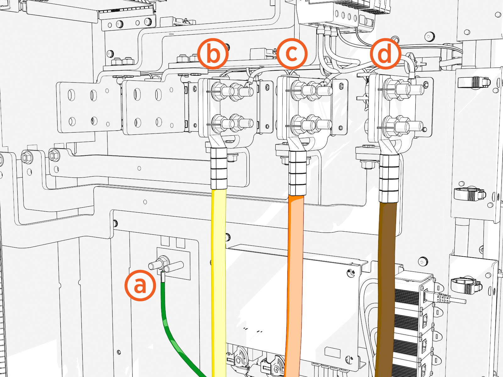 Ground wire, L3, L2, and L1 lug positions