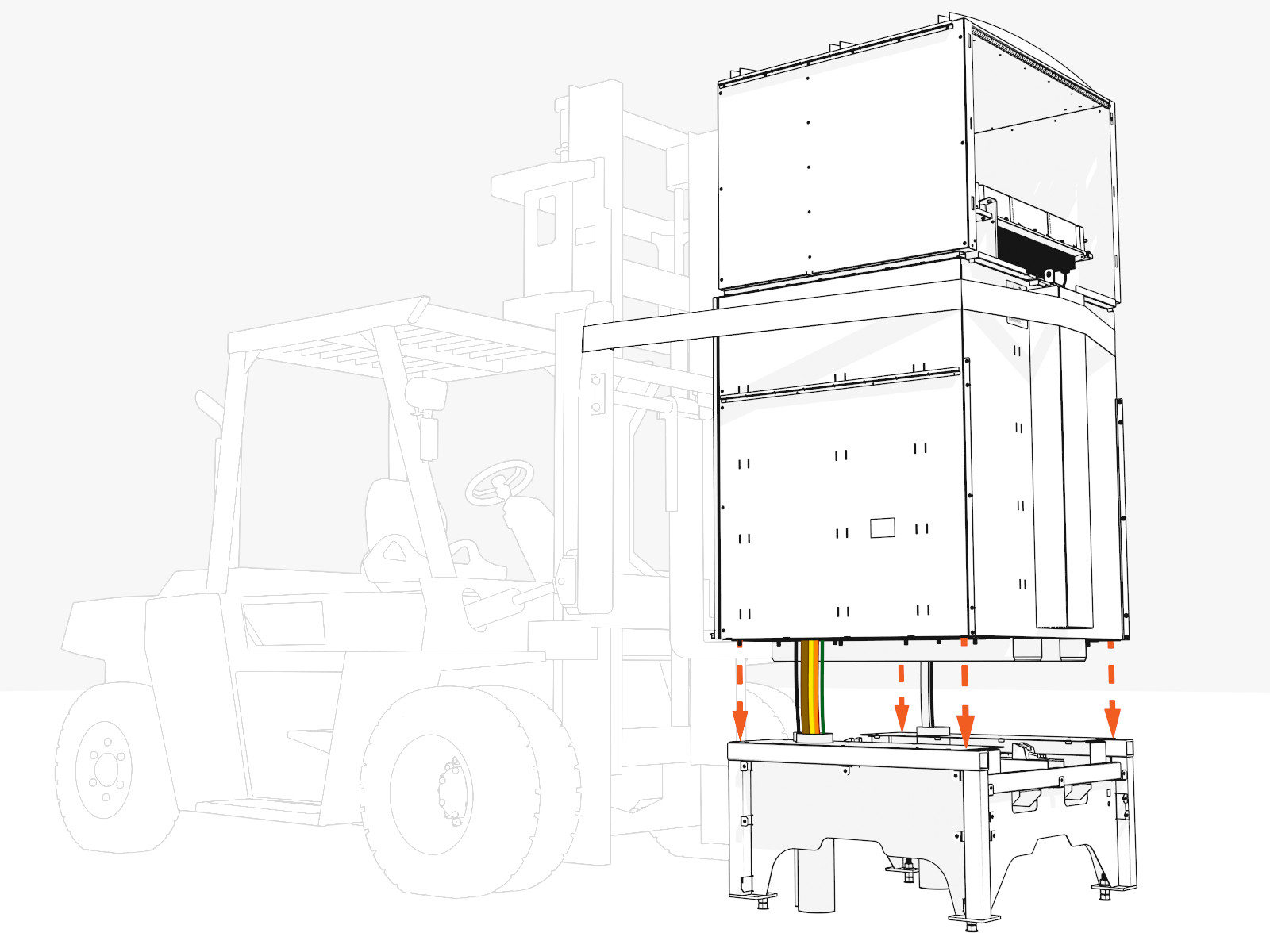 Slowly move the enclosure down toward the pedestal. Continue to pull wiring up through bottom.