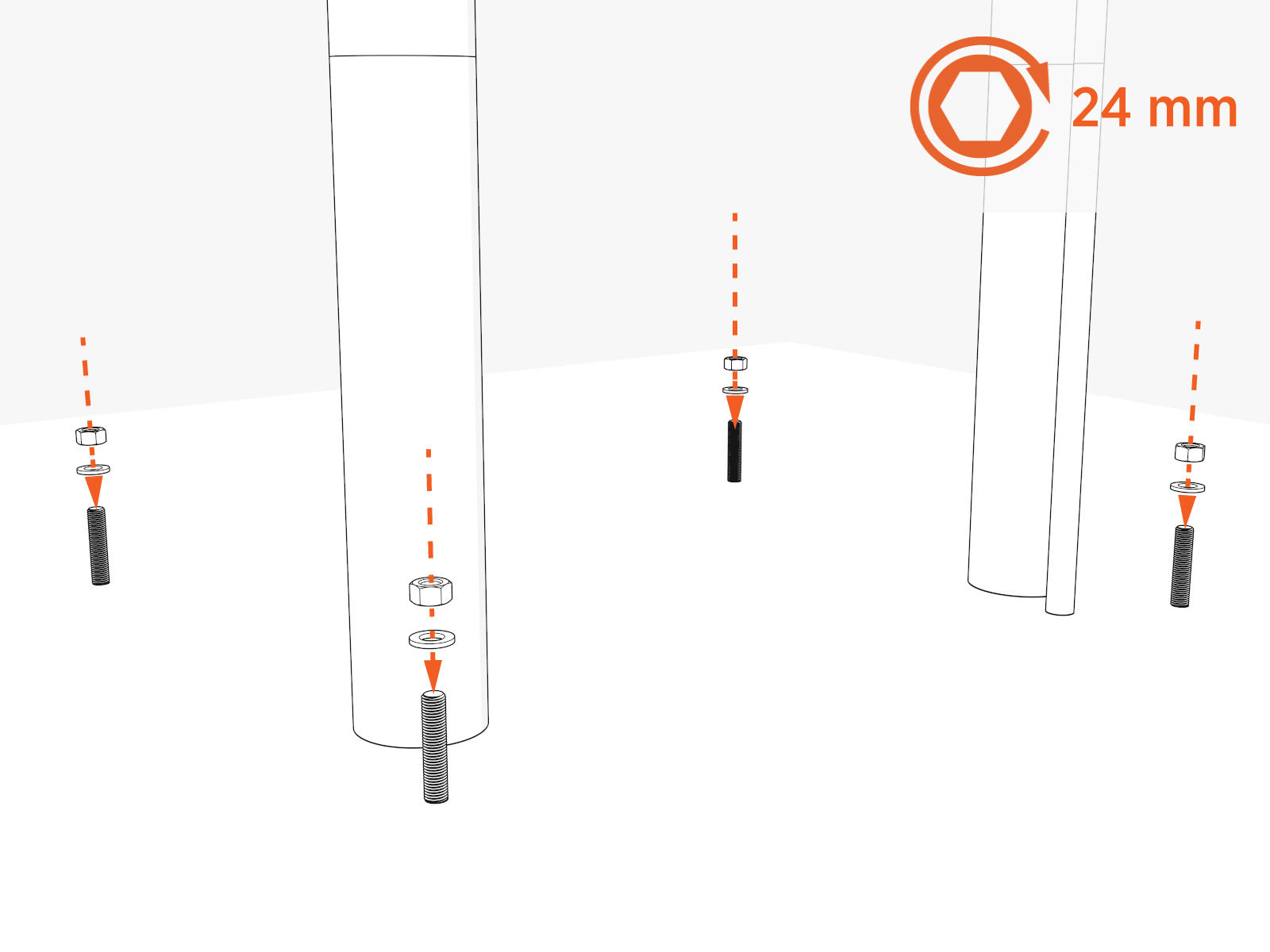 Install one washer and one nut onto each bolt.