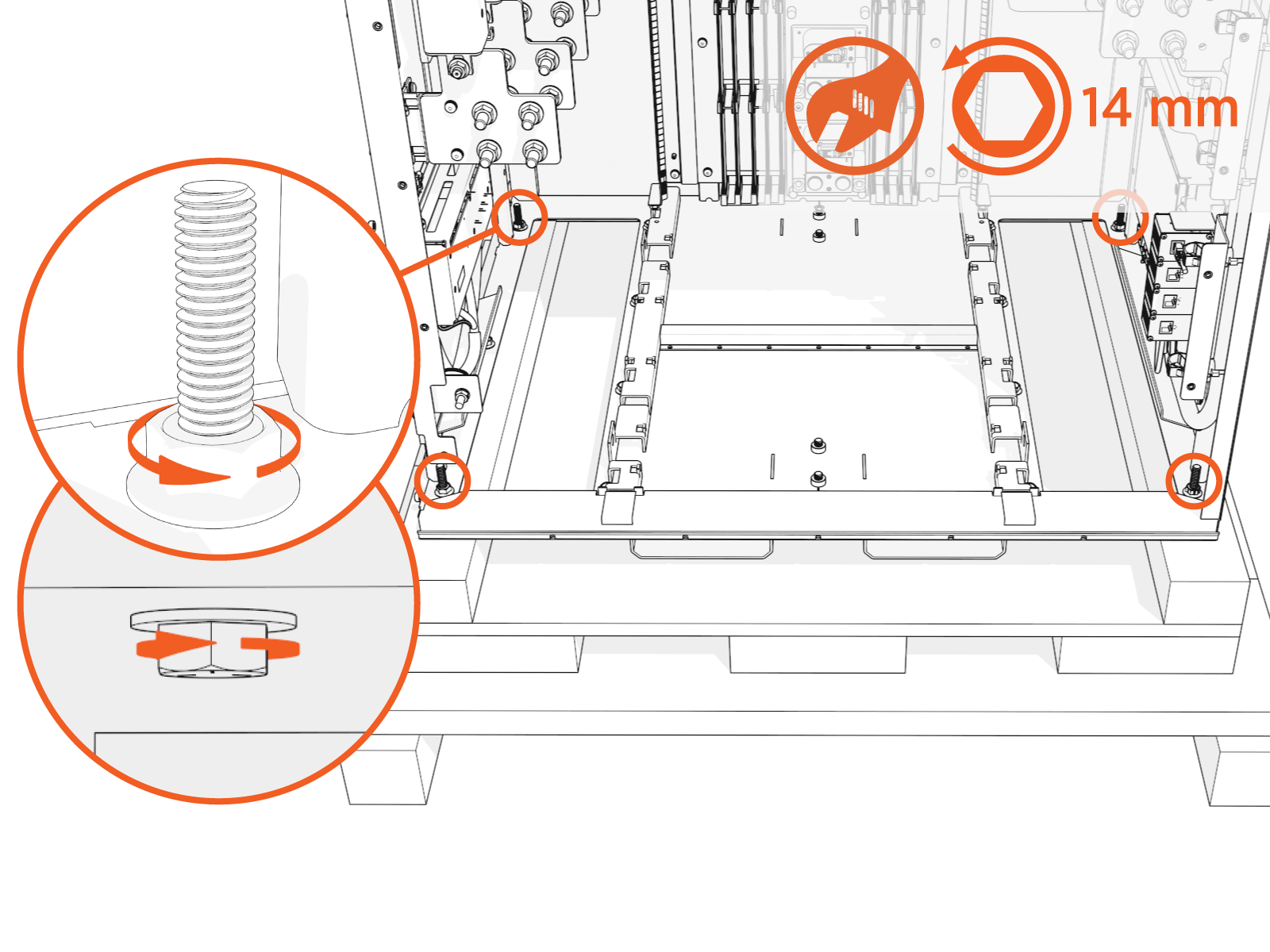 Uninstall four nuts from the base of the crate. Discard these nuts, washers, and bolts.