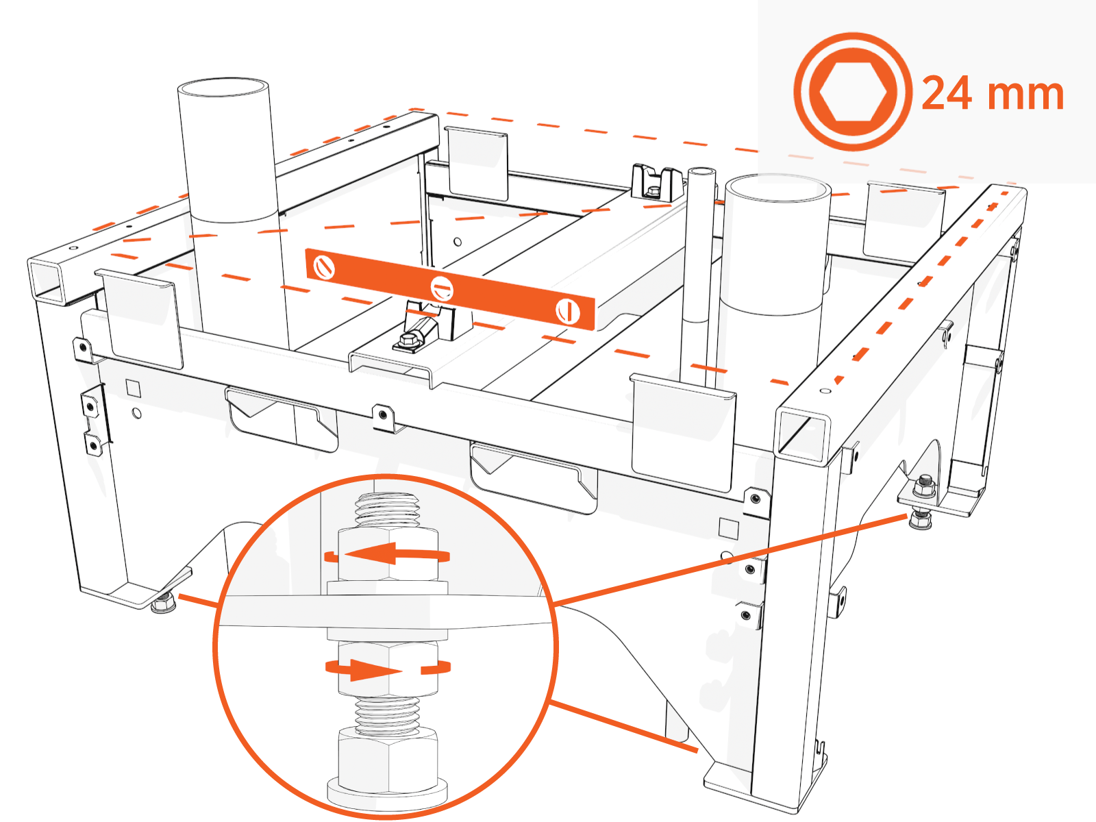 When the pedestal is fully seated, check that all sides are level. If not, adjust three of the leveling nuts.