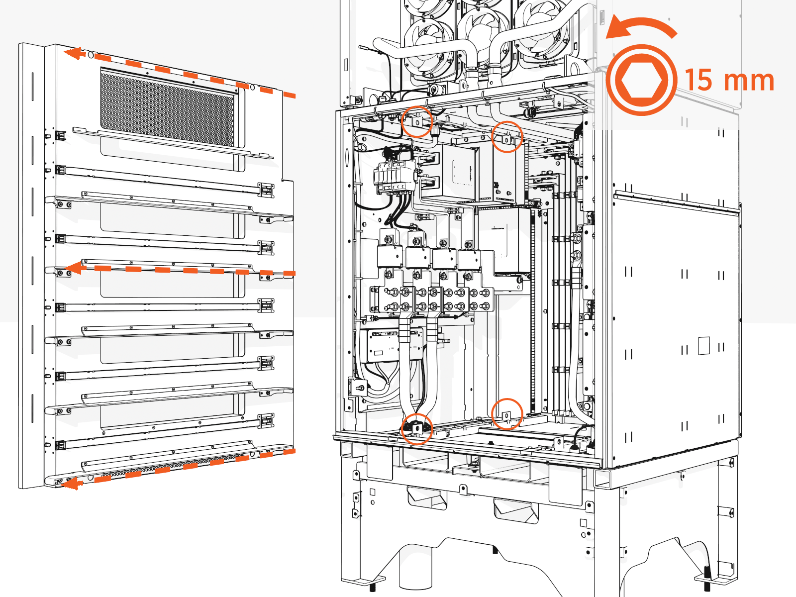 Uninstall the two upper and two lower screws attaching the rack to the lower cabinet interior.