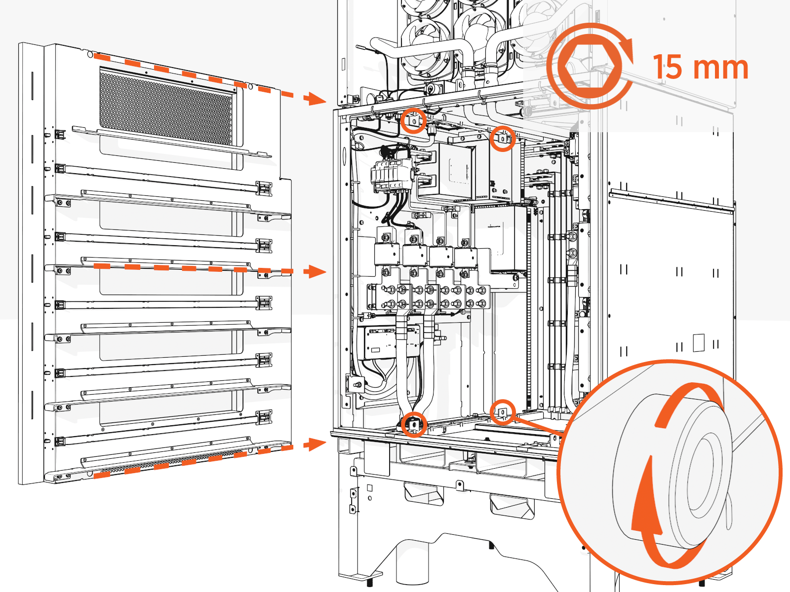 Install  screws into the cabinet interior (front and rear, upper and lower) for each rack and torque them.