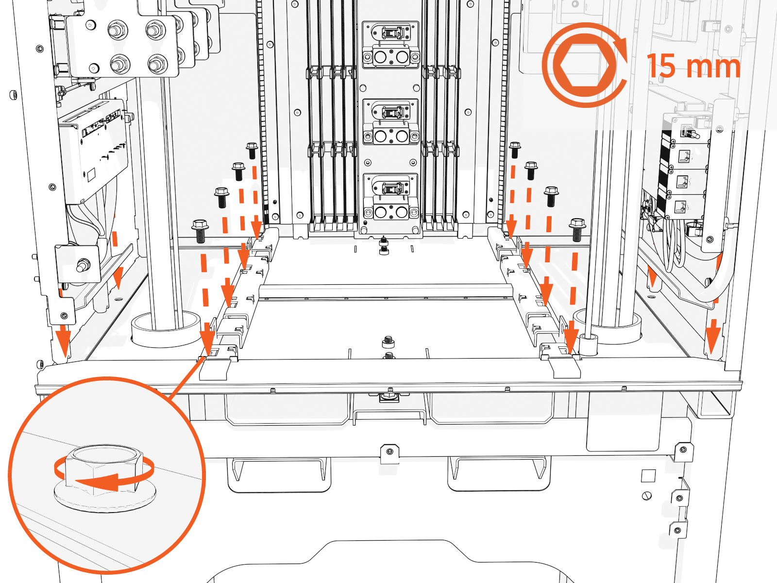 Install seven hex bolts on each plate and torque to the specified measurement