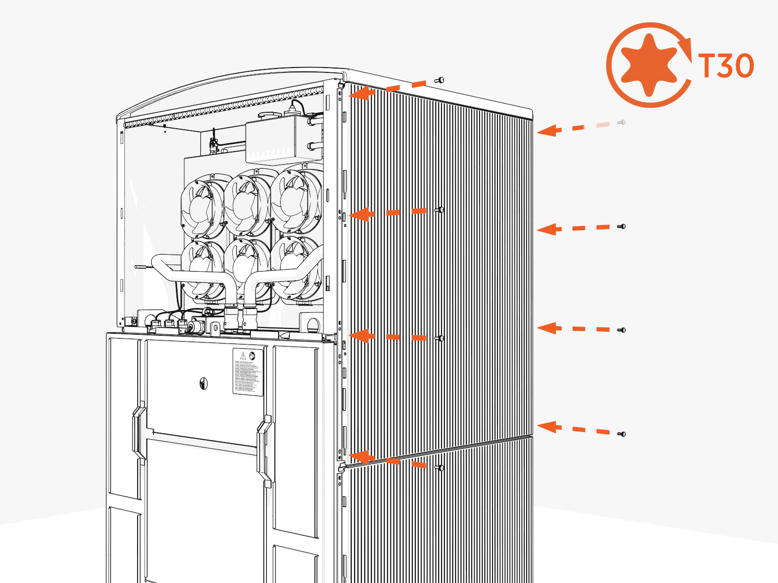 Install screws on the front and rear edges and torque them
