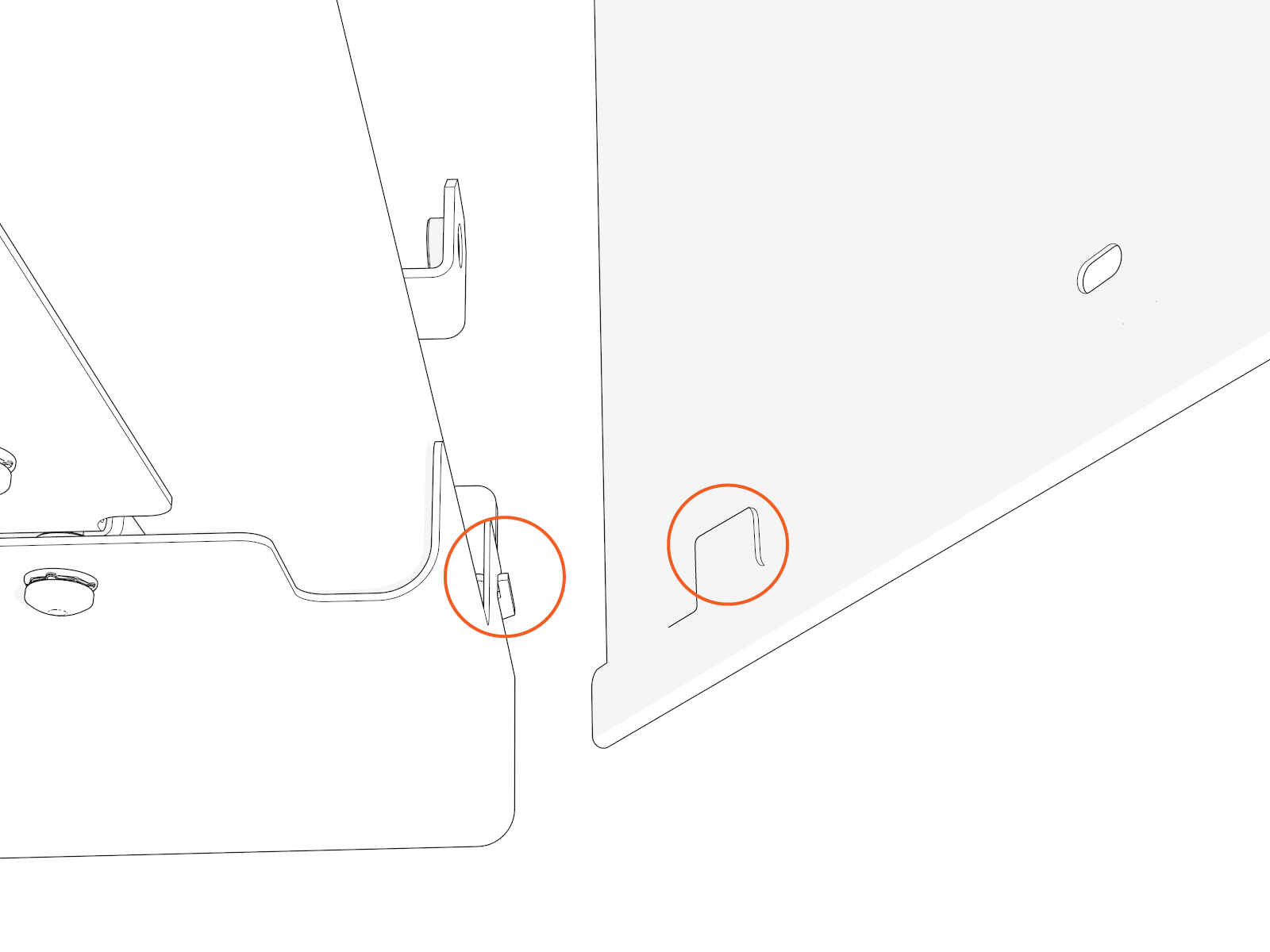 Notice the hooks near the bottom inside of the side covers. Align the hooks. Slide each side cover down onto the pedestal. Ensure the two hooks left and right engage at the bottom.