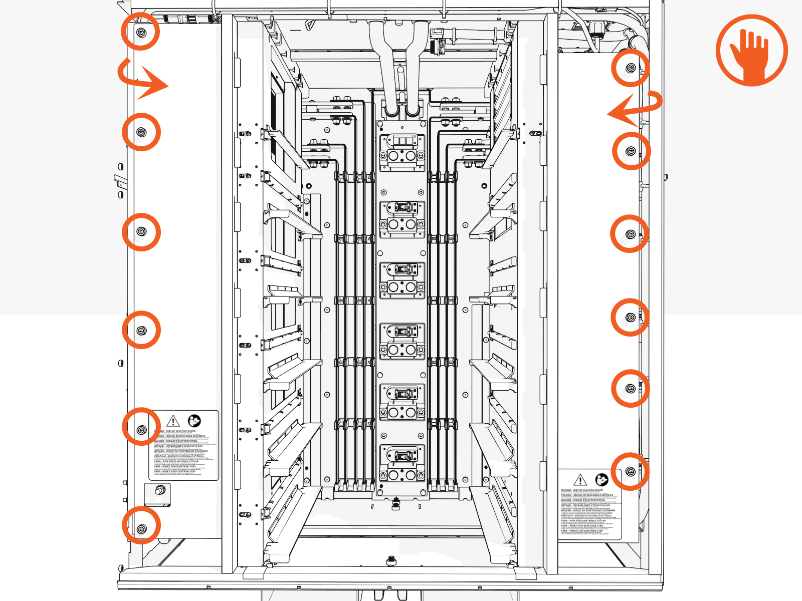 Loosen six captive screws by hand for each transparent shield (or use a Phillips screwdriver).