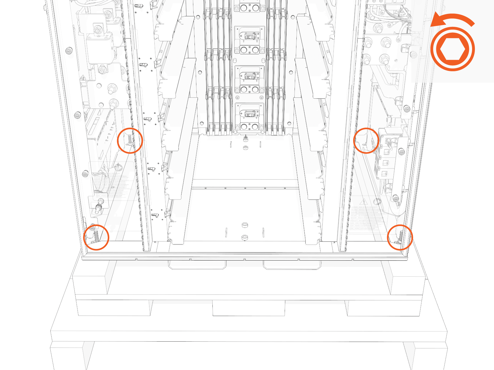 Uninstall four lag bolts from the crate bottom.