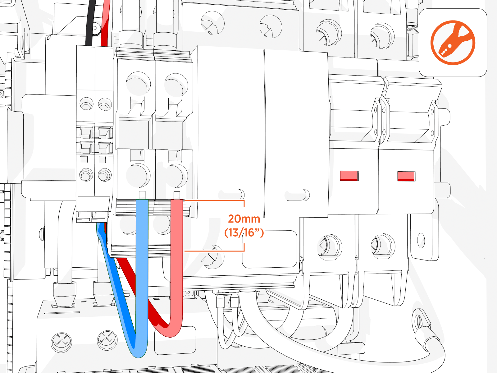 Strip each 48 V DC and any shunt trip wires to 15 mm (5/8 in).