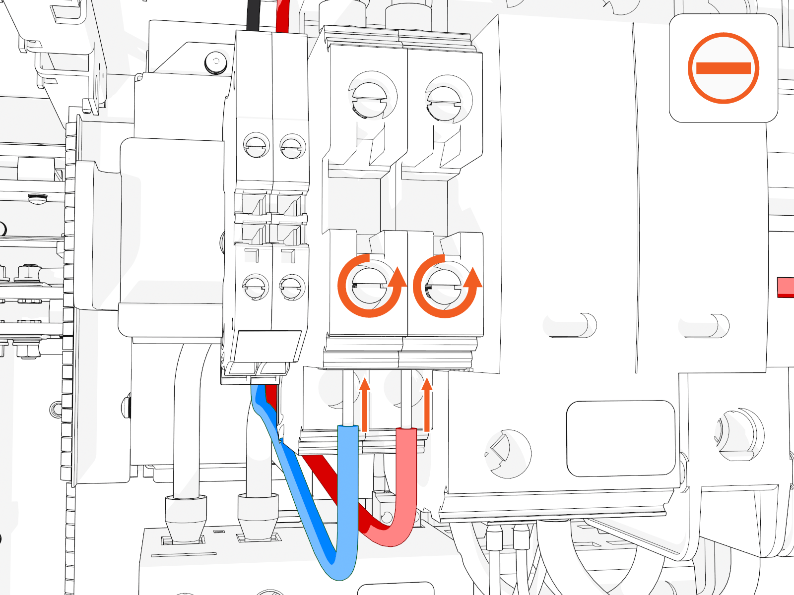 Loosen each terminal tab and seat the wire. Tighten the screw. Push-pull to test.