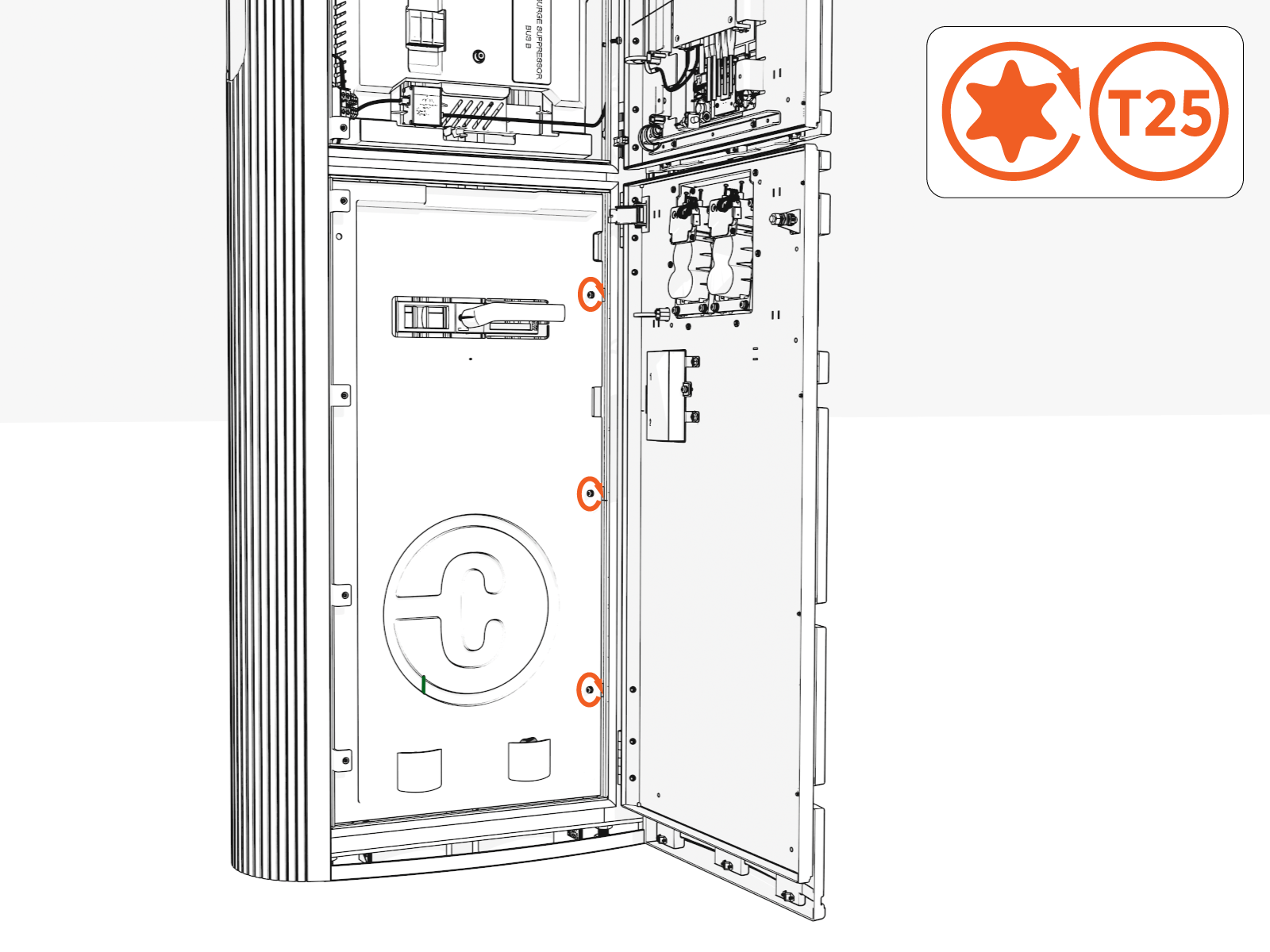 Loosen the three M5 screws using T25 security screwdriver on the right side.