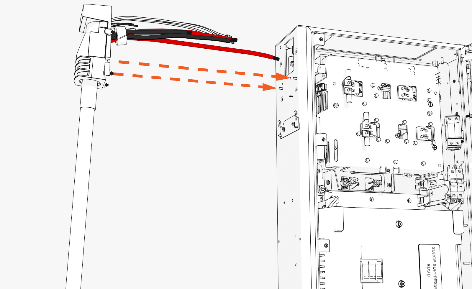 Route the connectors, DC cables and lugs, ferrite ring, and ground wire into the upper cabinet through the opening behind the cable housing.
