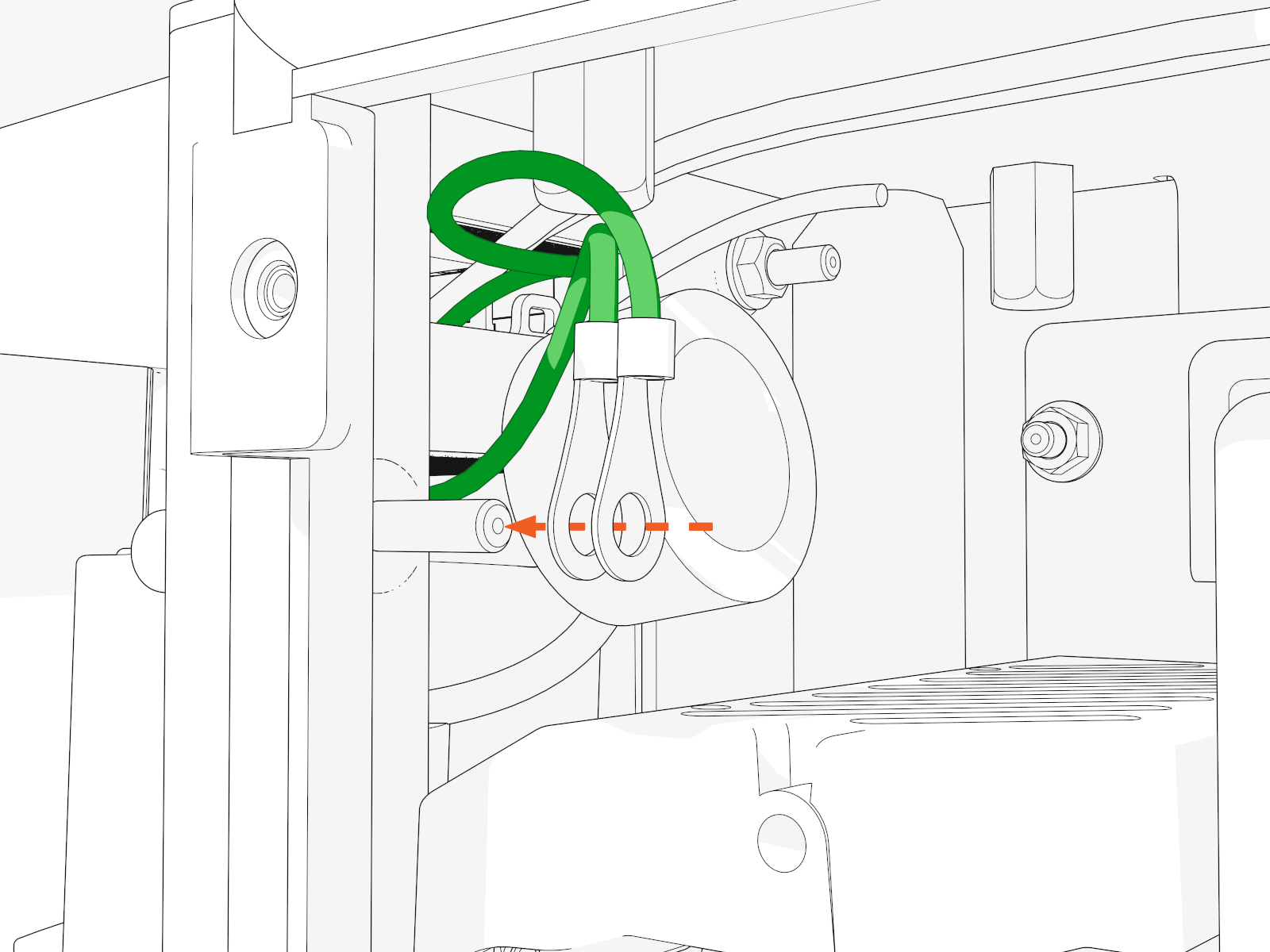Locate the bolt near the cable housing. Install two ground wires for each charging cable. 