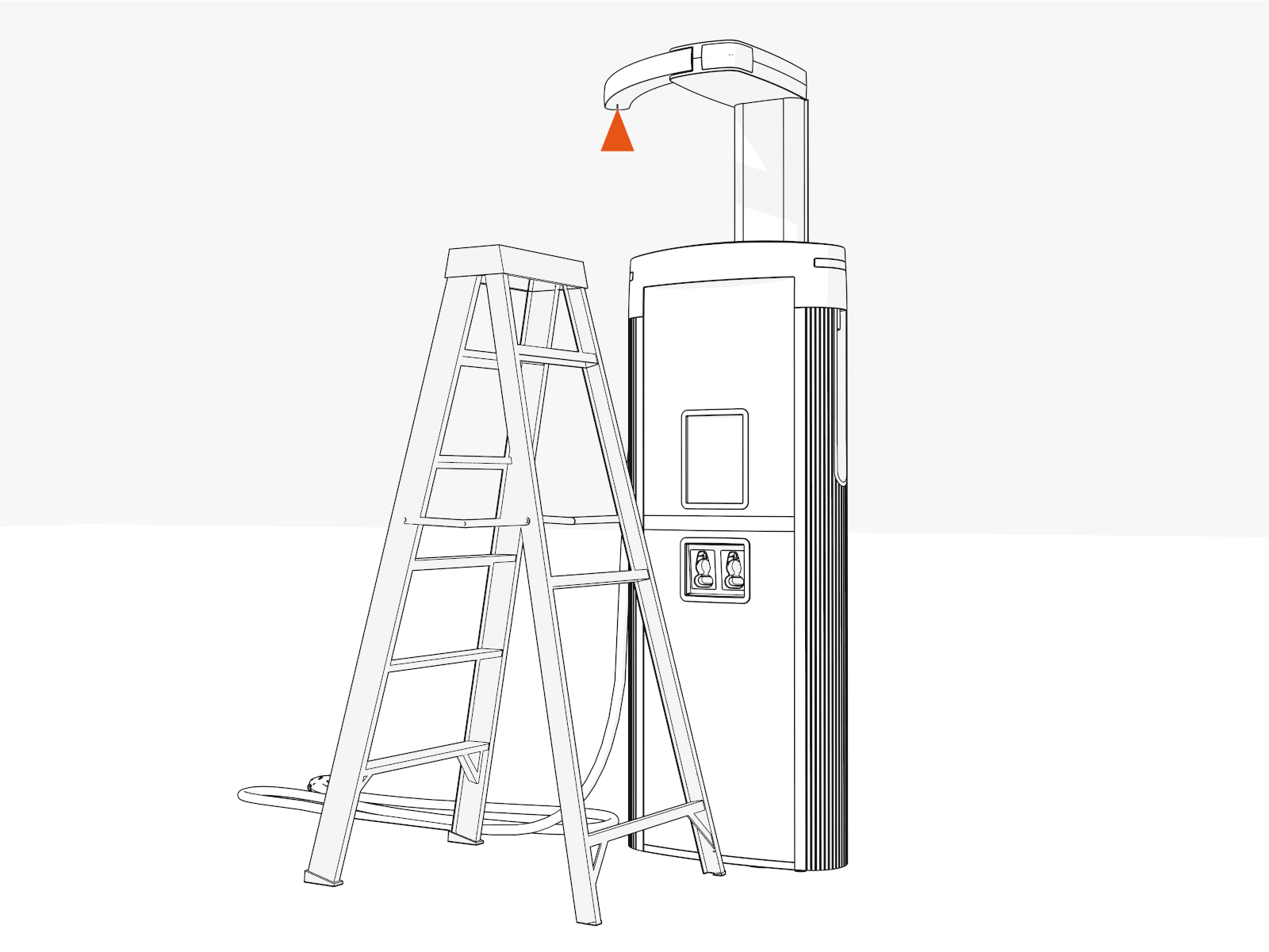 Technical illustration depicts the procedural step.Position the stepladder so that you can reach the hanging point.