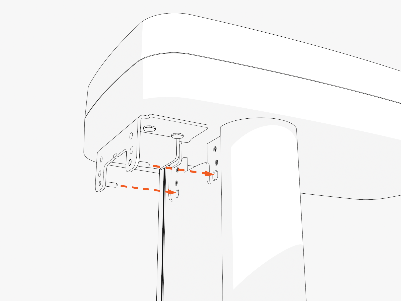 Insert two alignment pins into the bottom center of the swingarm attachment. Position the pins into the top of the mast.