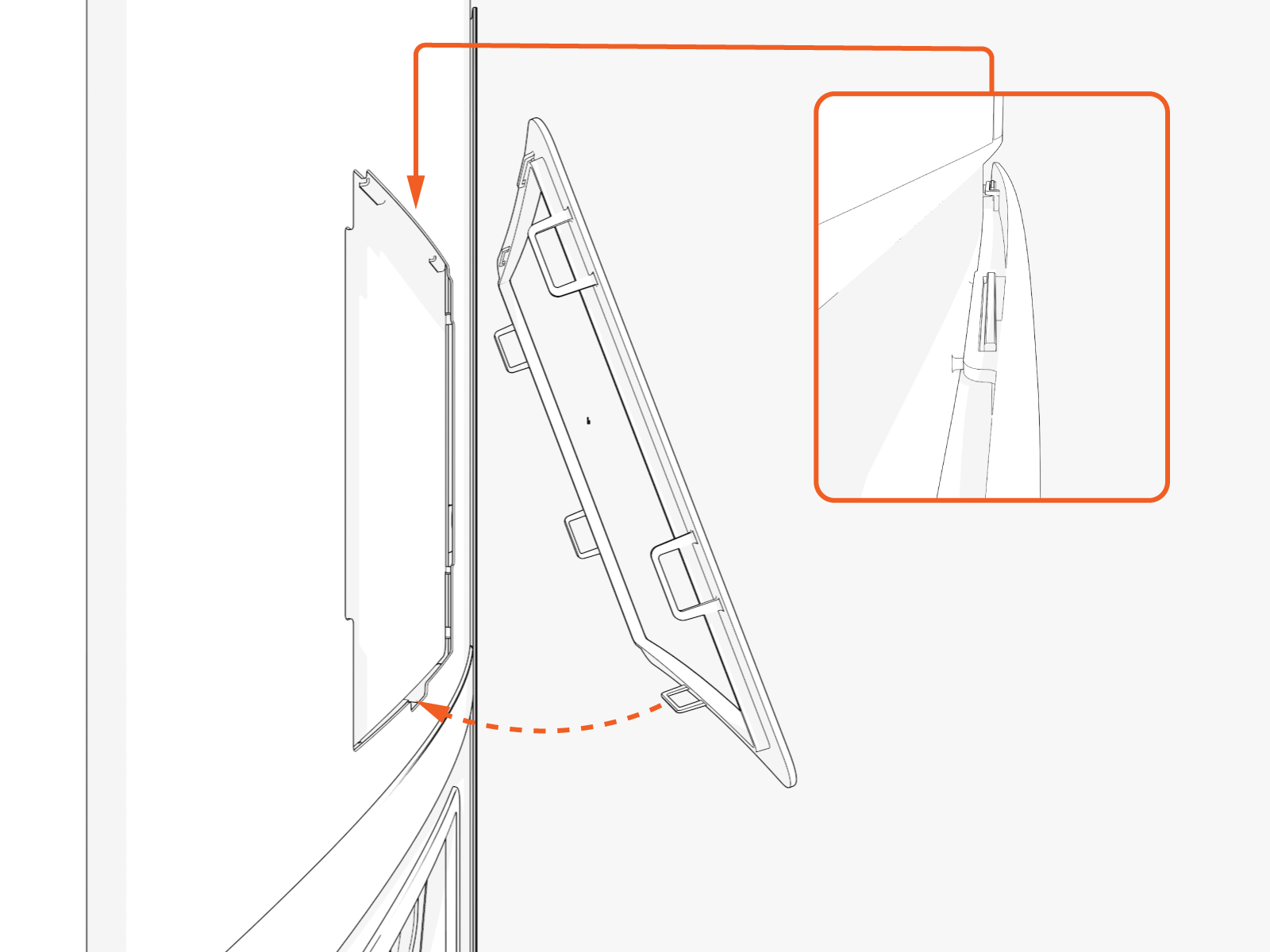 Hook the upper side of the falcon  trim onto two hooks and rotate in. Then press the lower side of the trim into place.