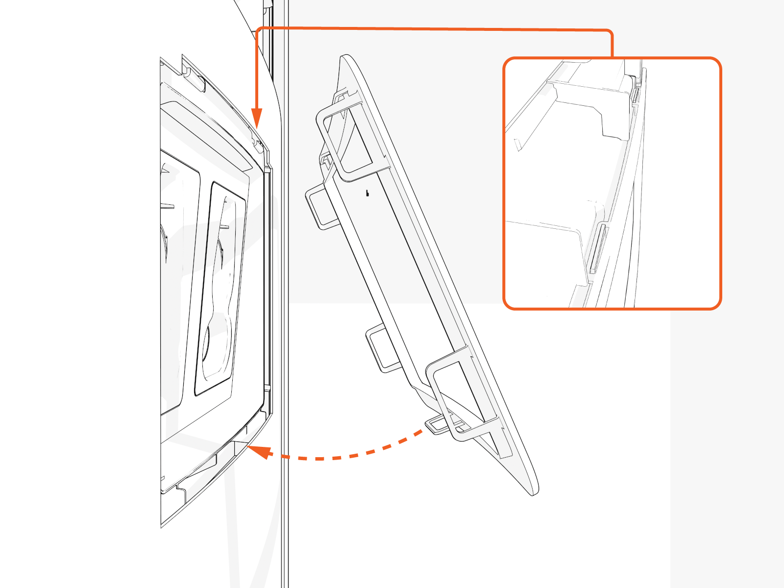Hook the upper side of the holster trim onto two hooks and rotate in. Then press the lower side of the trim into place.