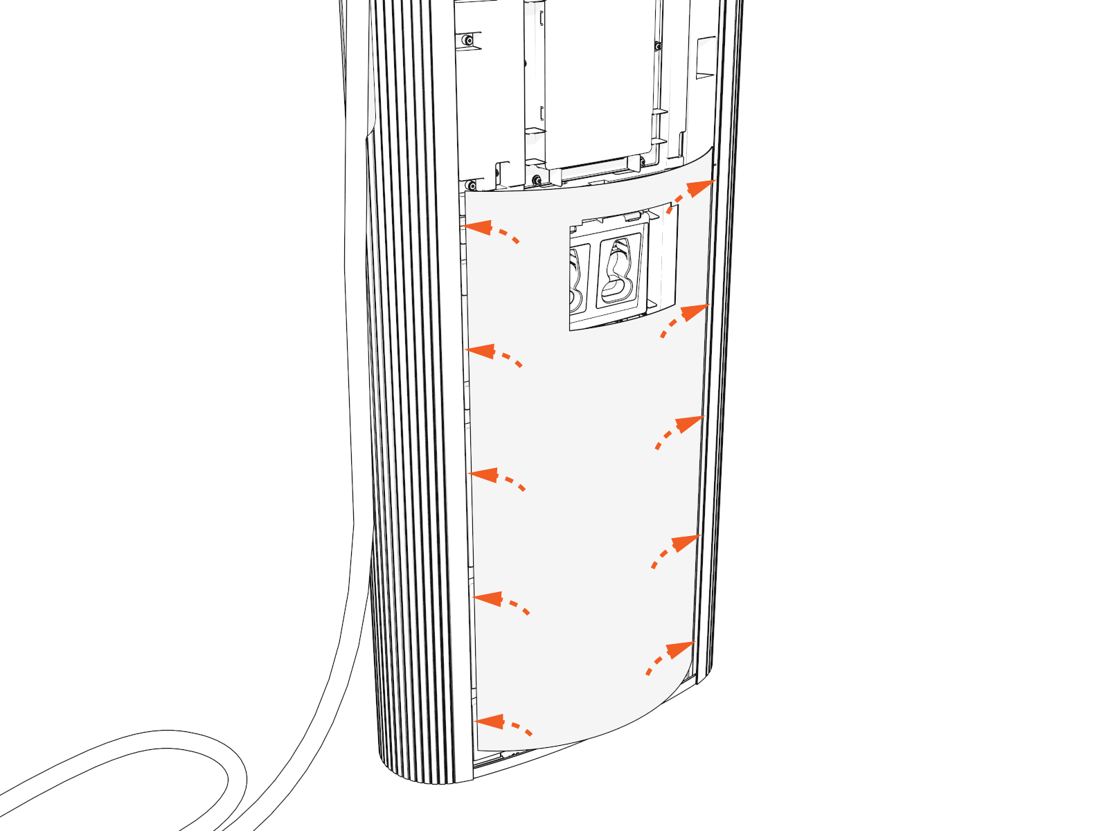 Insert the lower cover behind the lower trim. Simultaneously insert both sides of the lower cover.