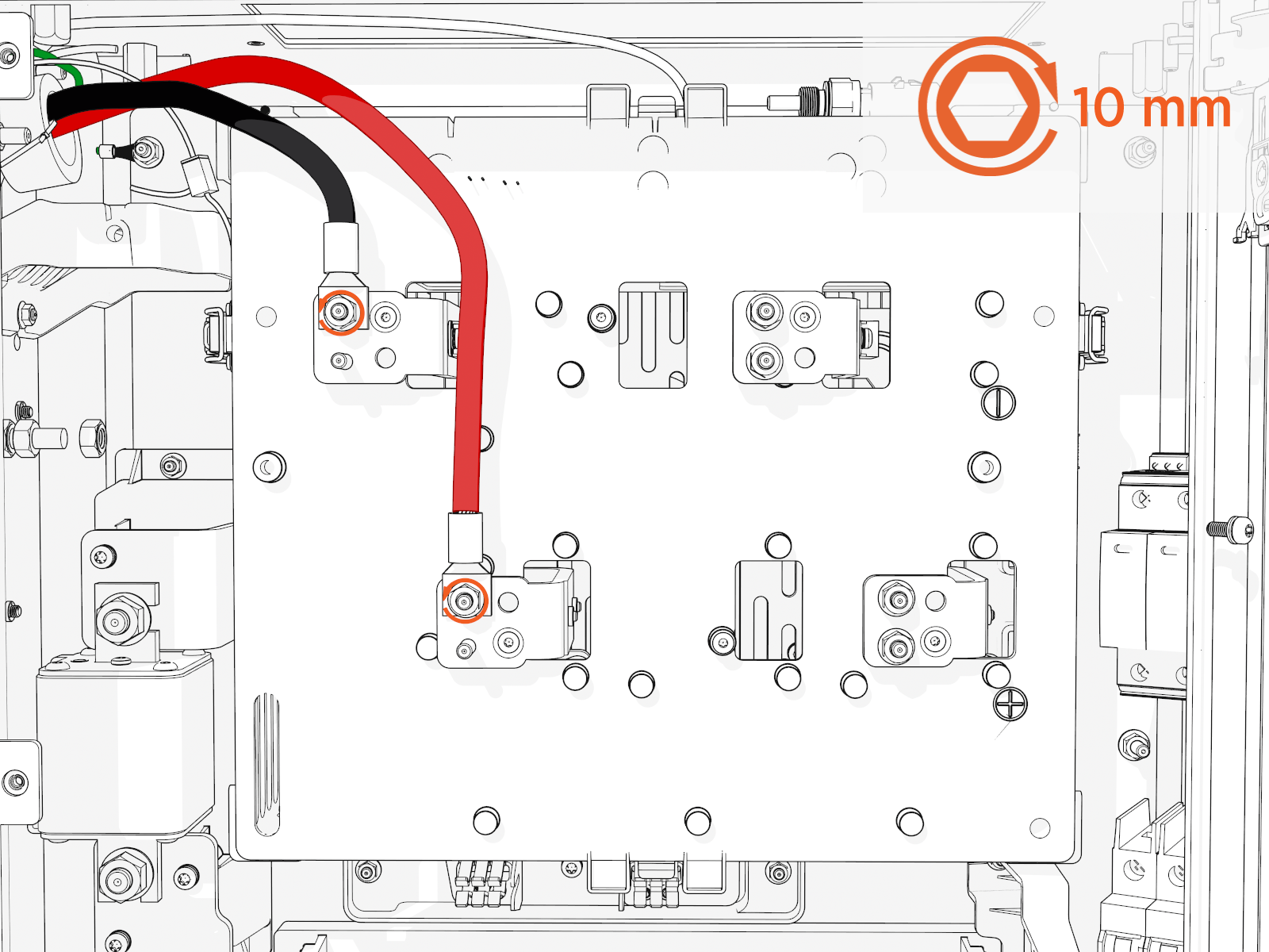 Install two DC lugs for each charging cable of 250 Amperes or less.