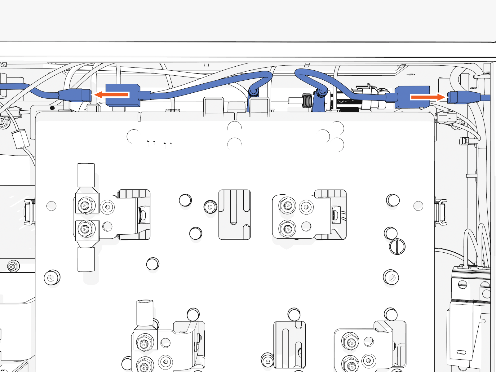  Plug the RJ45 Ethernet connectors from the left and right charging cables into RJ45 couplers on the left and right side respectively.