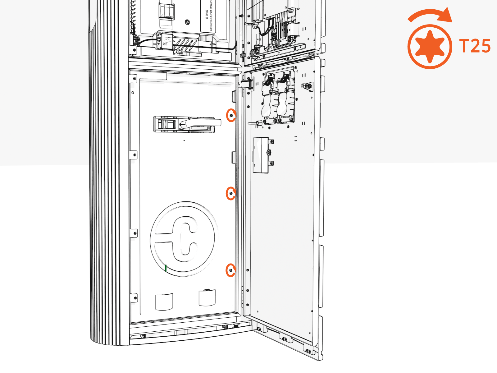Install three screws using T25 security screwdriver on the right side. Torque to 2.8 Nm or 25 in-lb.