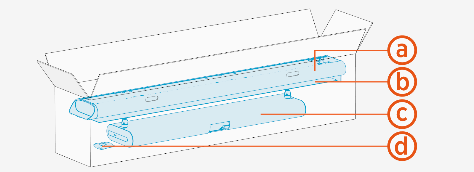 Labeled diagram of product, tools or parts.Orange and white icon that represents a tool or action.