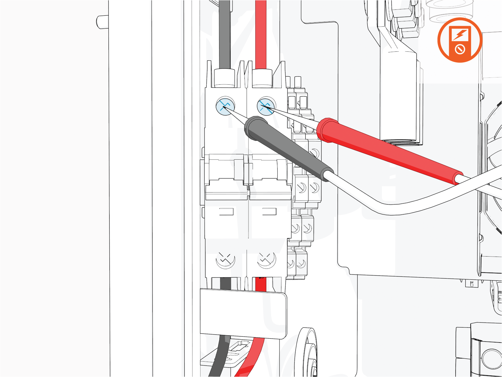 Hold the multimeter's probe tips against the output terminal screws to verify that voltage is zero.
