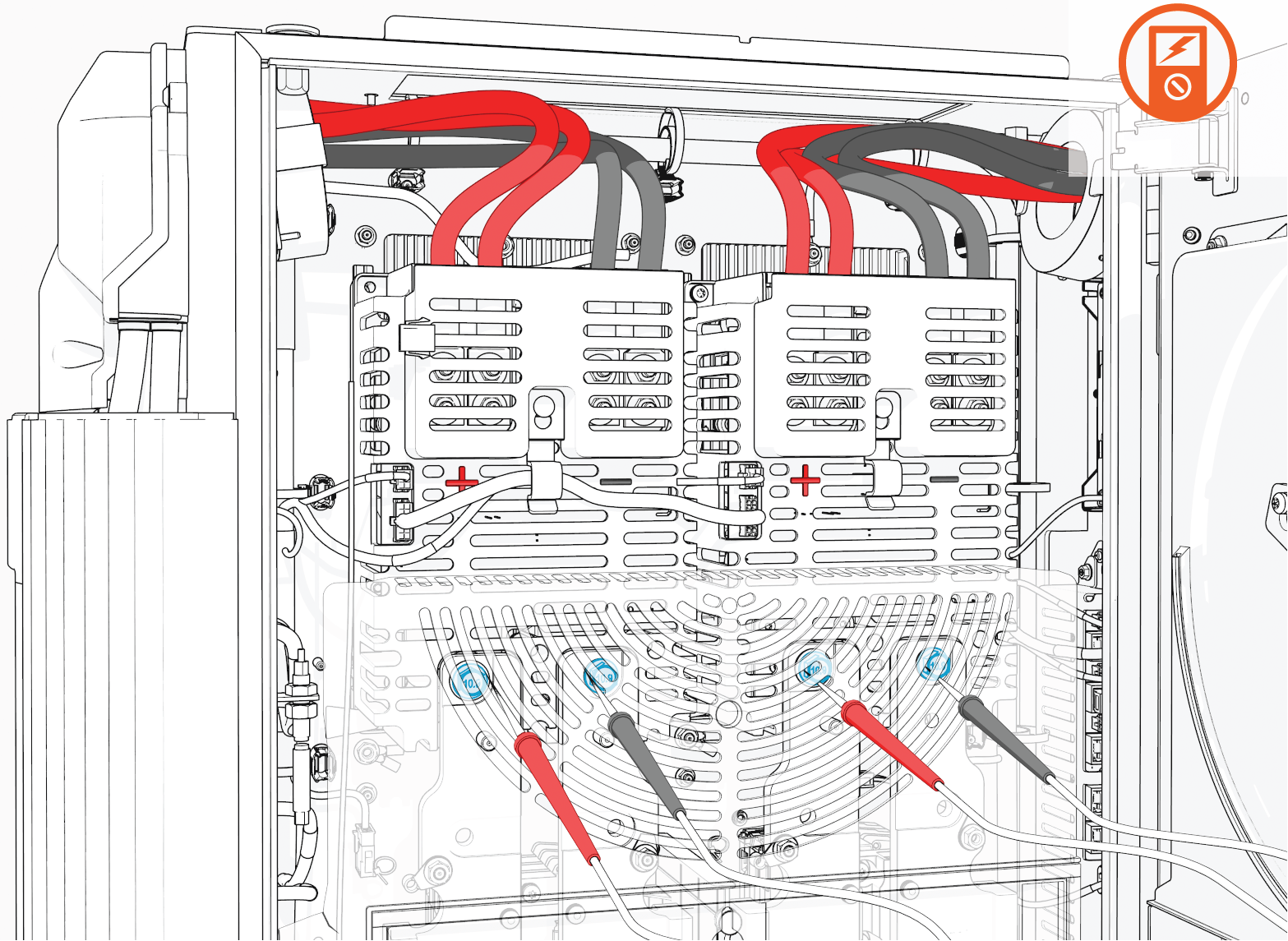 Hold the multimeter's probe tips against the HV DC input bus bar bolts to verify that voltage is zero.