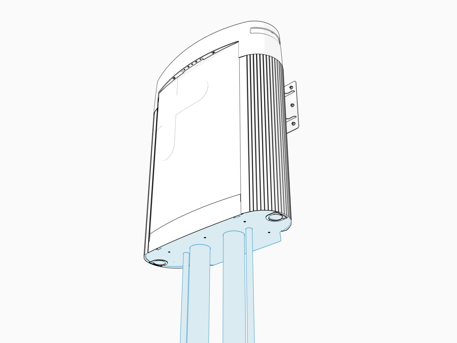 Wires and cables enter wall and overhead-mount Power Link through its bottom 