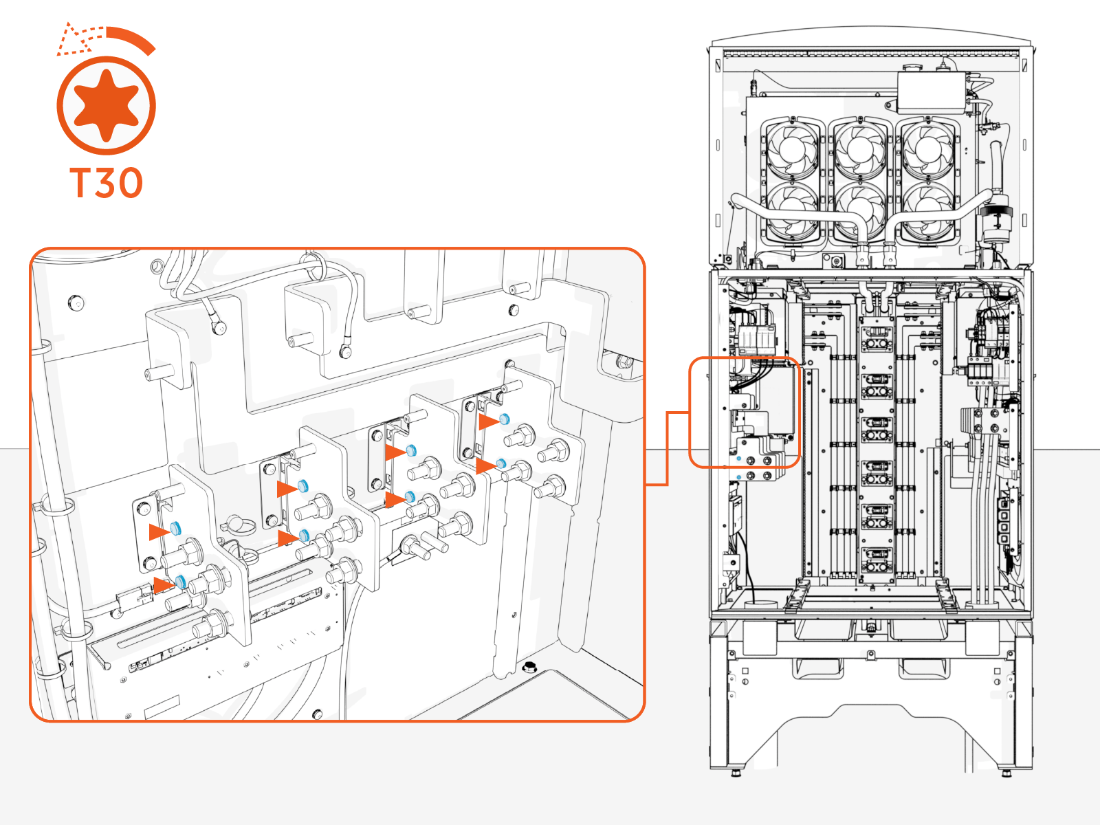 Technical illustration depicts the procedural step.Loosen (do not remove) the DC output bus bar mount screws.