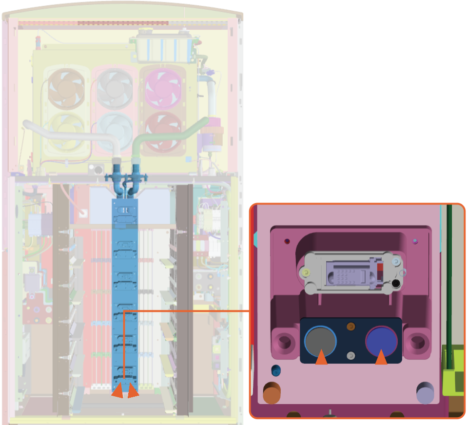 Connect the draining hose connector to the lowest coolant port on the right side of the module mate assembly